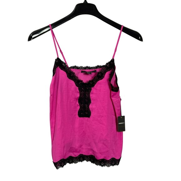 Forever 21 Contemporary Pink Satin Black Lace Trim Cami Top Size M New - Picture 1 of 5